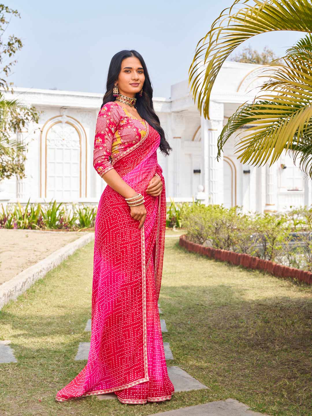 designer pink bandhani chiffon saree