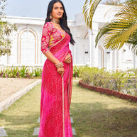 designer pink bandhani chiffon saree