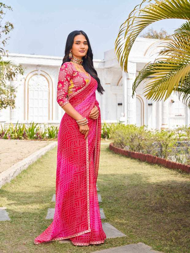 designer pink bandhani chiffon saree