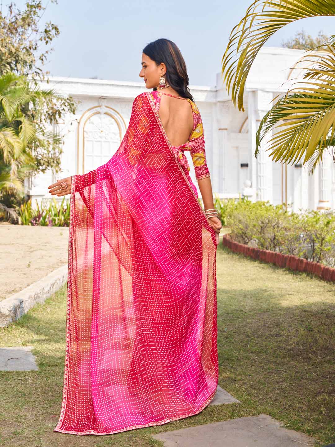 Laxmipati Ghazal Pink Chiffon Bandhani Printed Saree