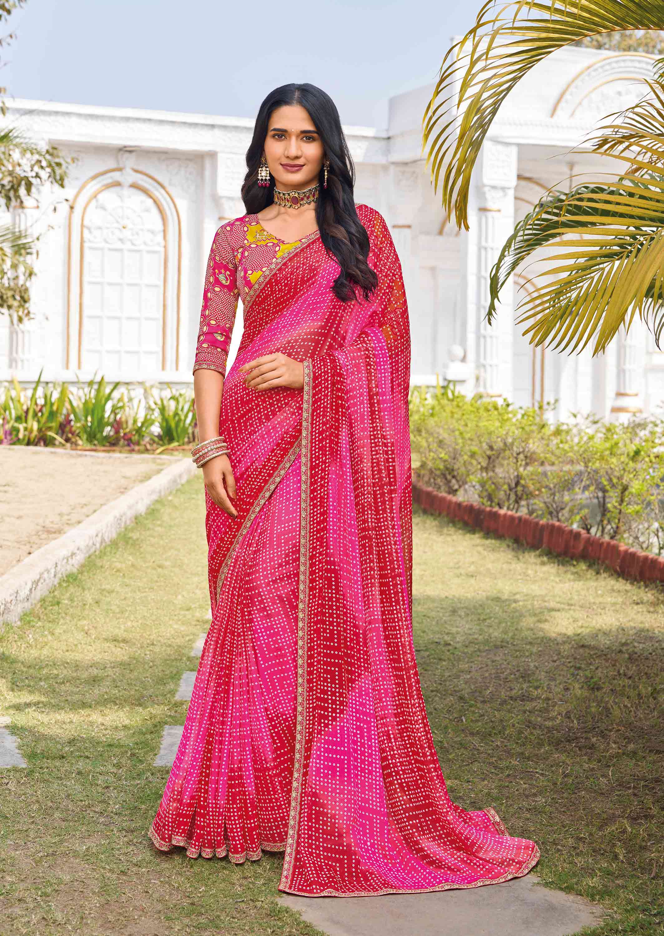 Pink chiffon bandhani printed saree 