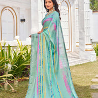 designer green silk printed saree