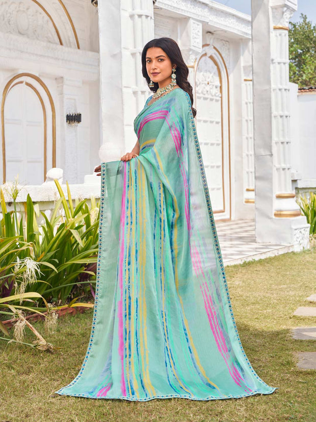 designer green silk printed saree