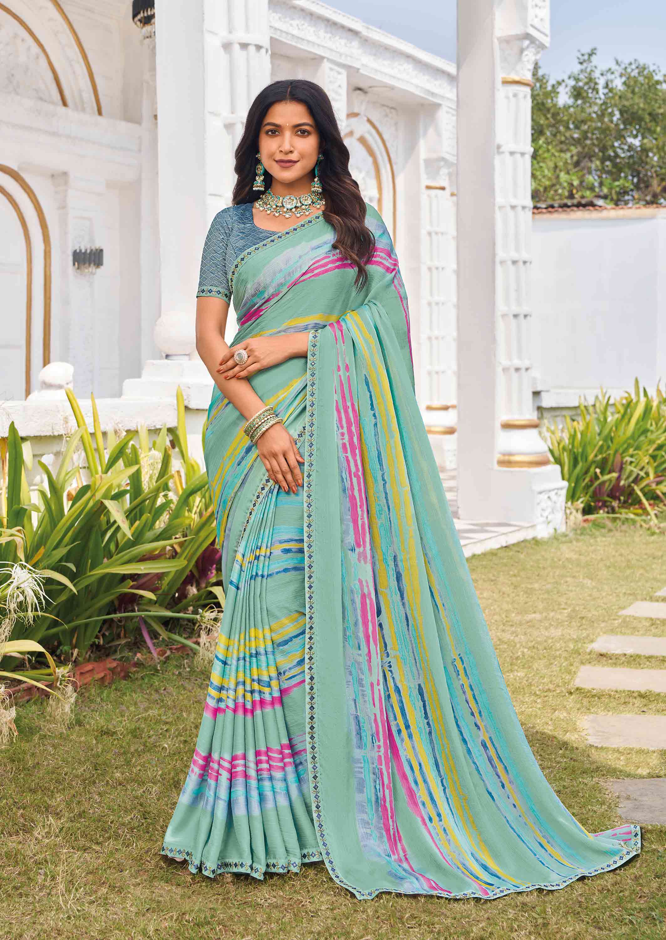 Green silk blend geometric printed saree 