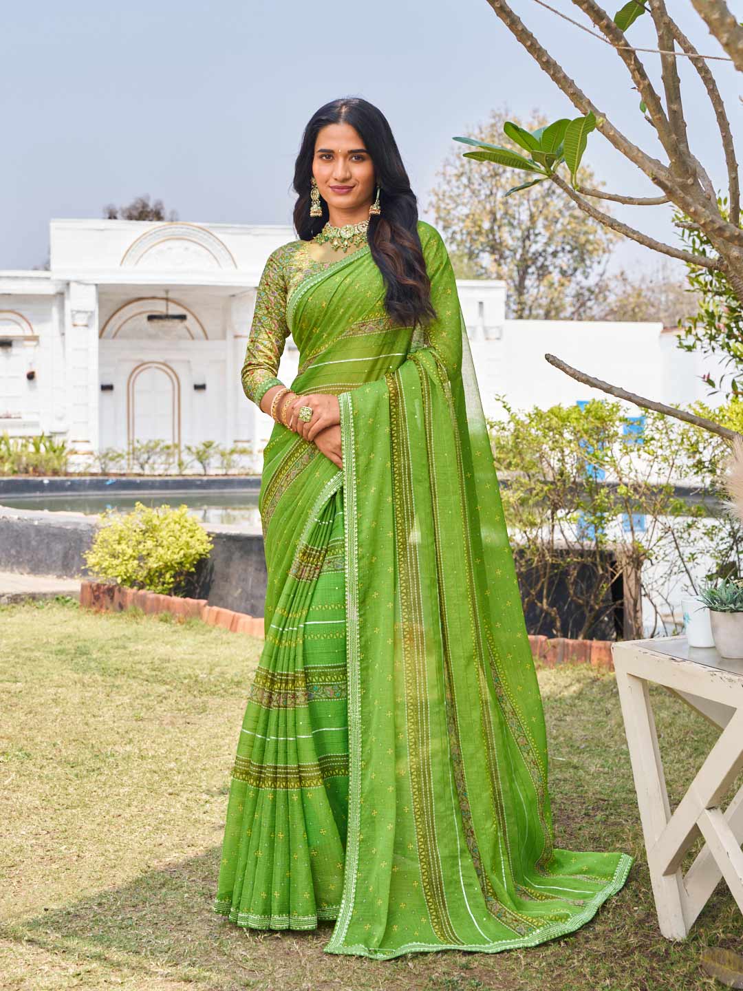  designer green chiffon printed saree