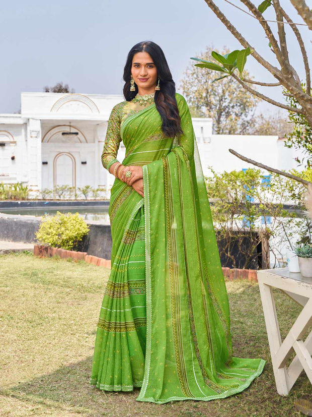  designer green chiffon printed saree