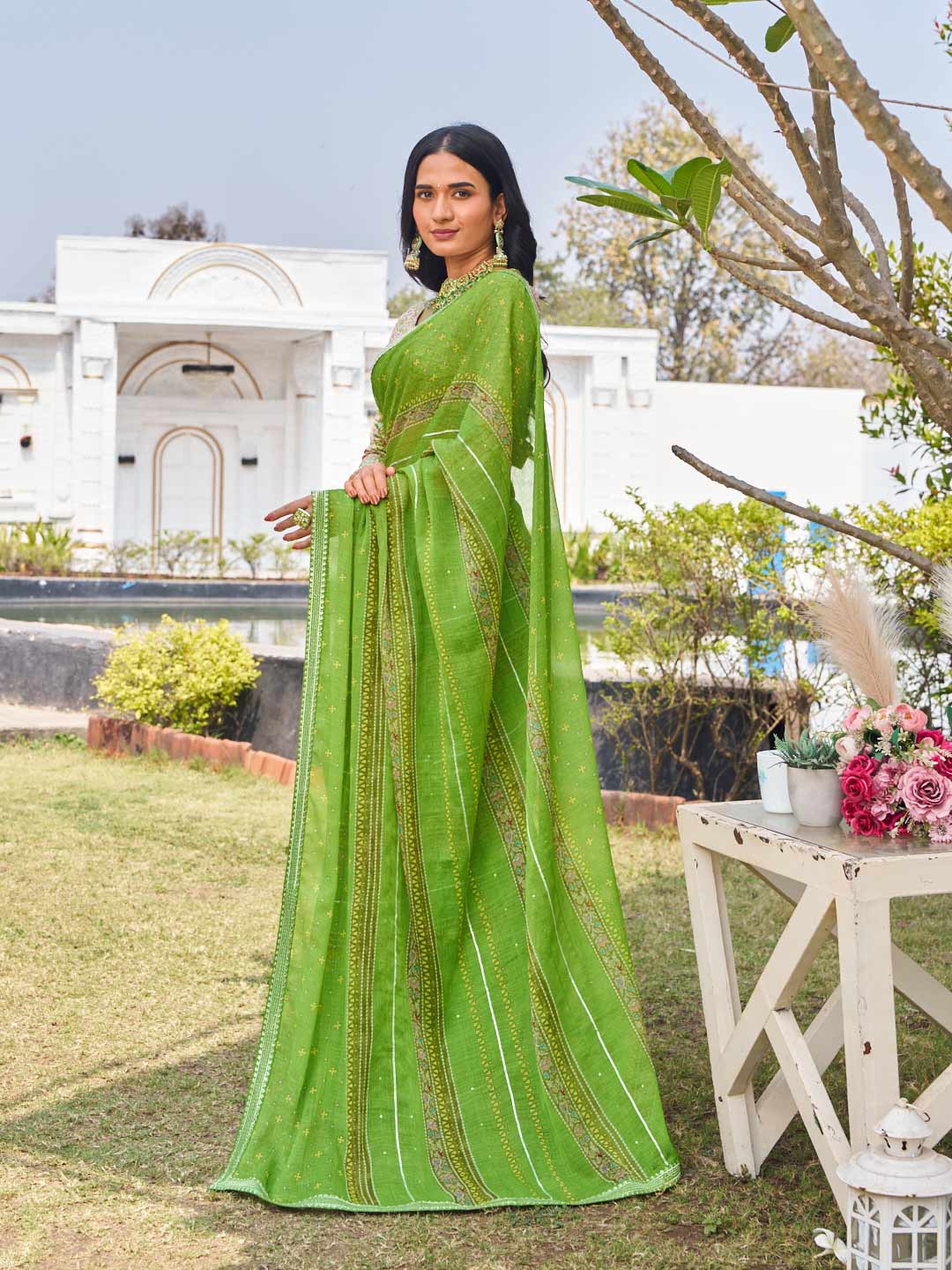 green chiffon saree for festive wear