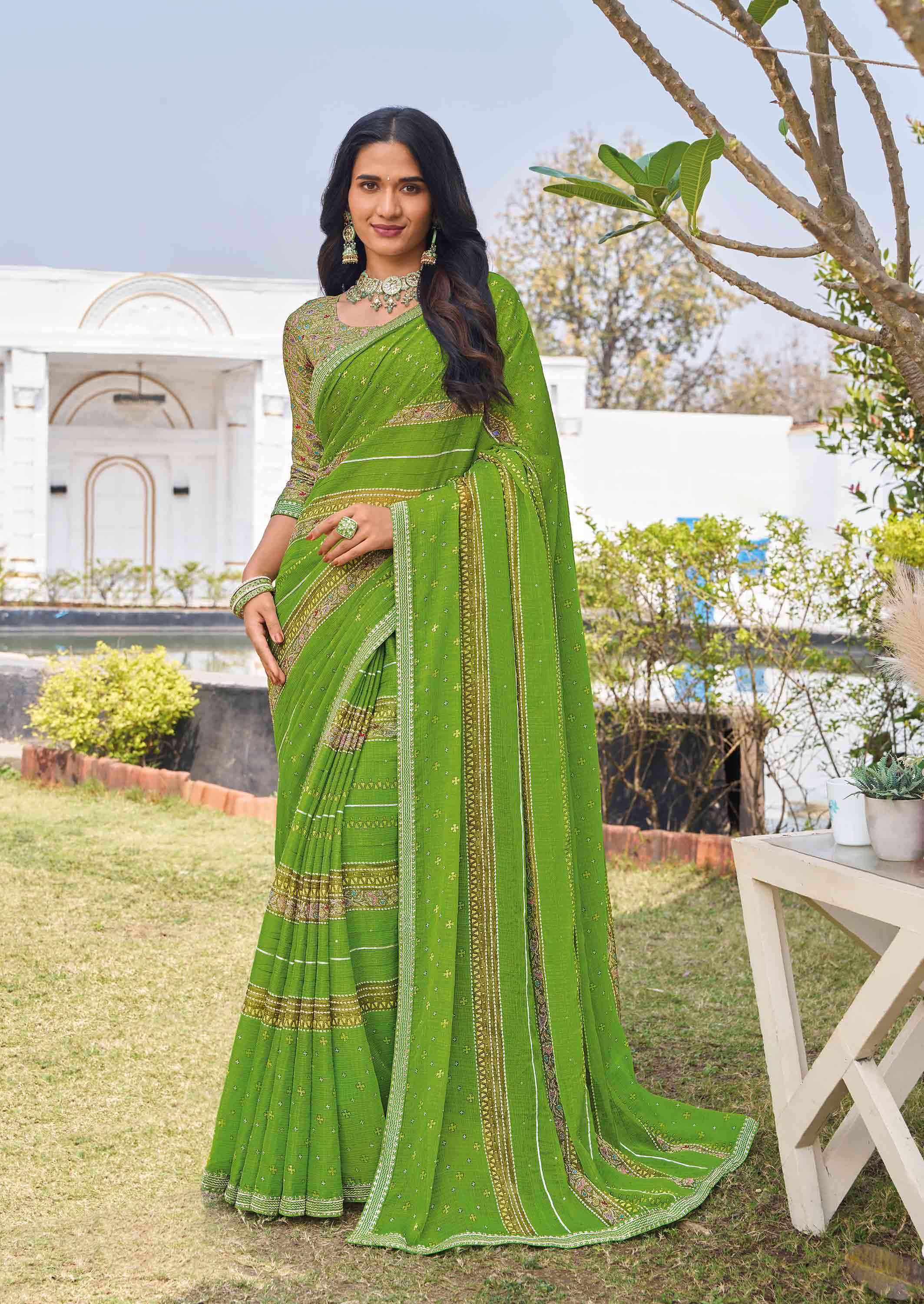 Green chiffon geometric printed saree 