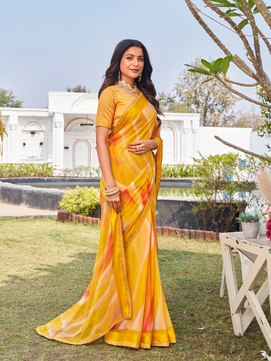yellow chiffon saree for festive wear