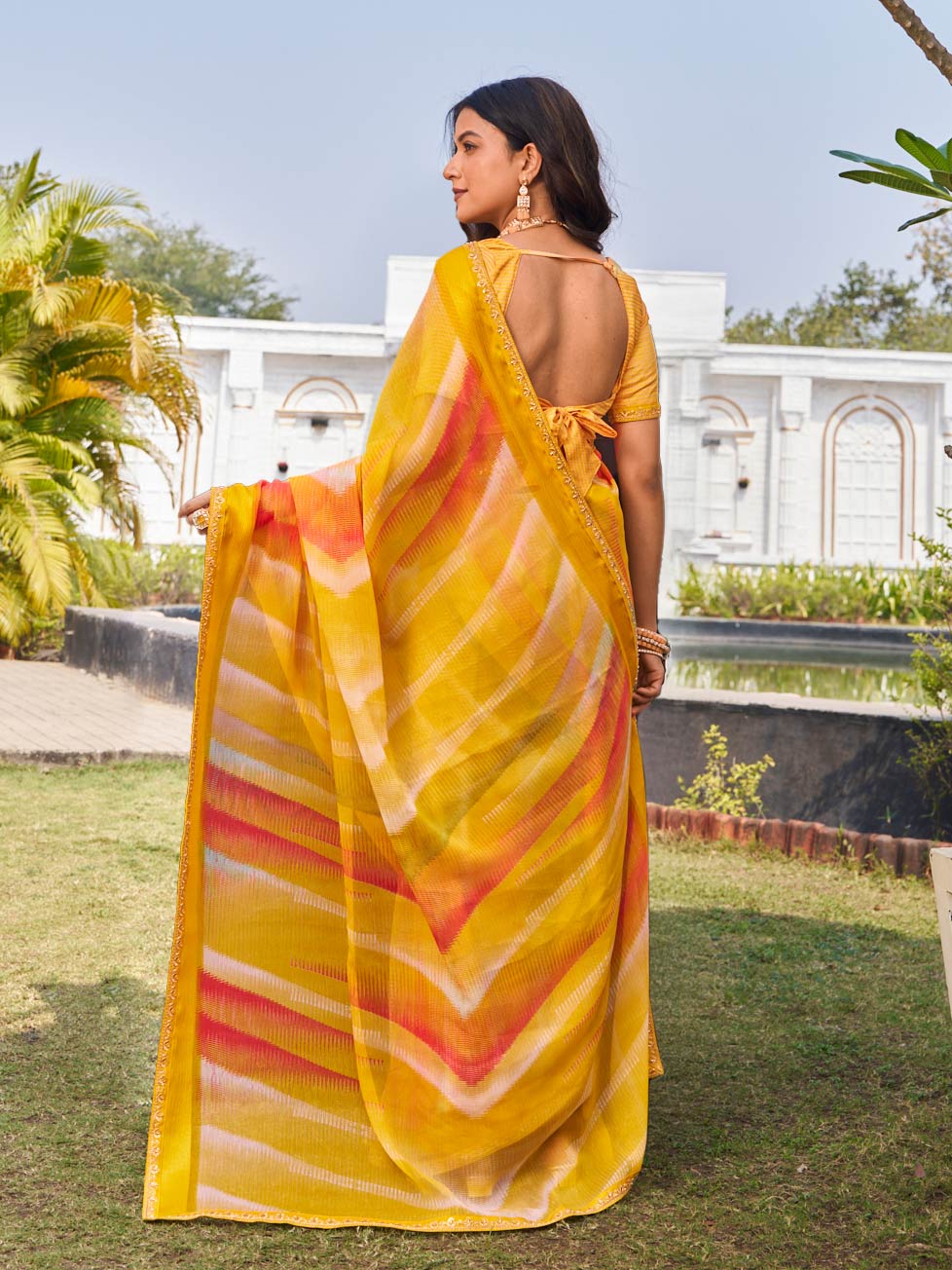 Laxmipati Ghazal Orange Chiffon Geometric Printed Saree