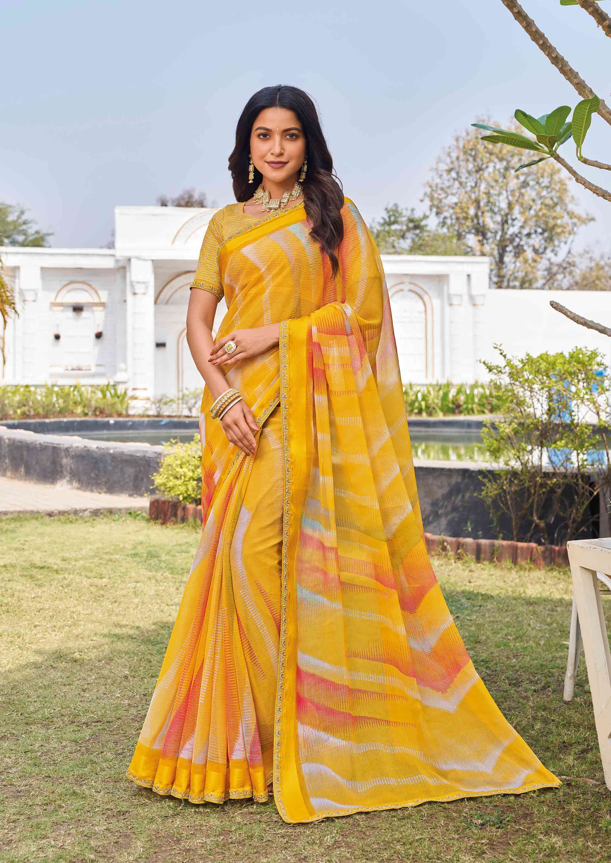 Yellow chiffon geometric printed saree