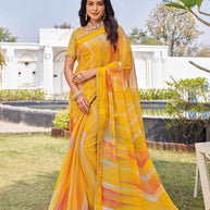 Yellow chiffon geometric printed saree