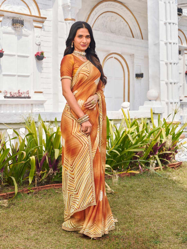 designer brown chiffon printed saree 