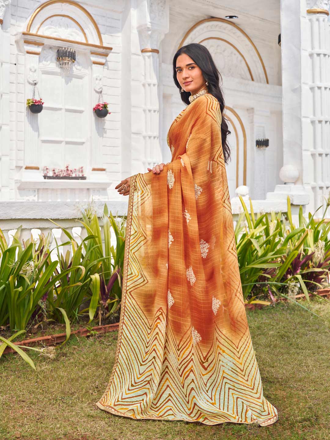  brown chiffon saree for festive wear