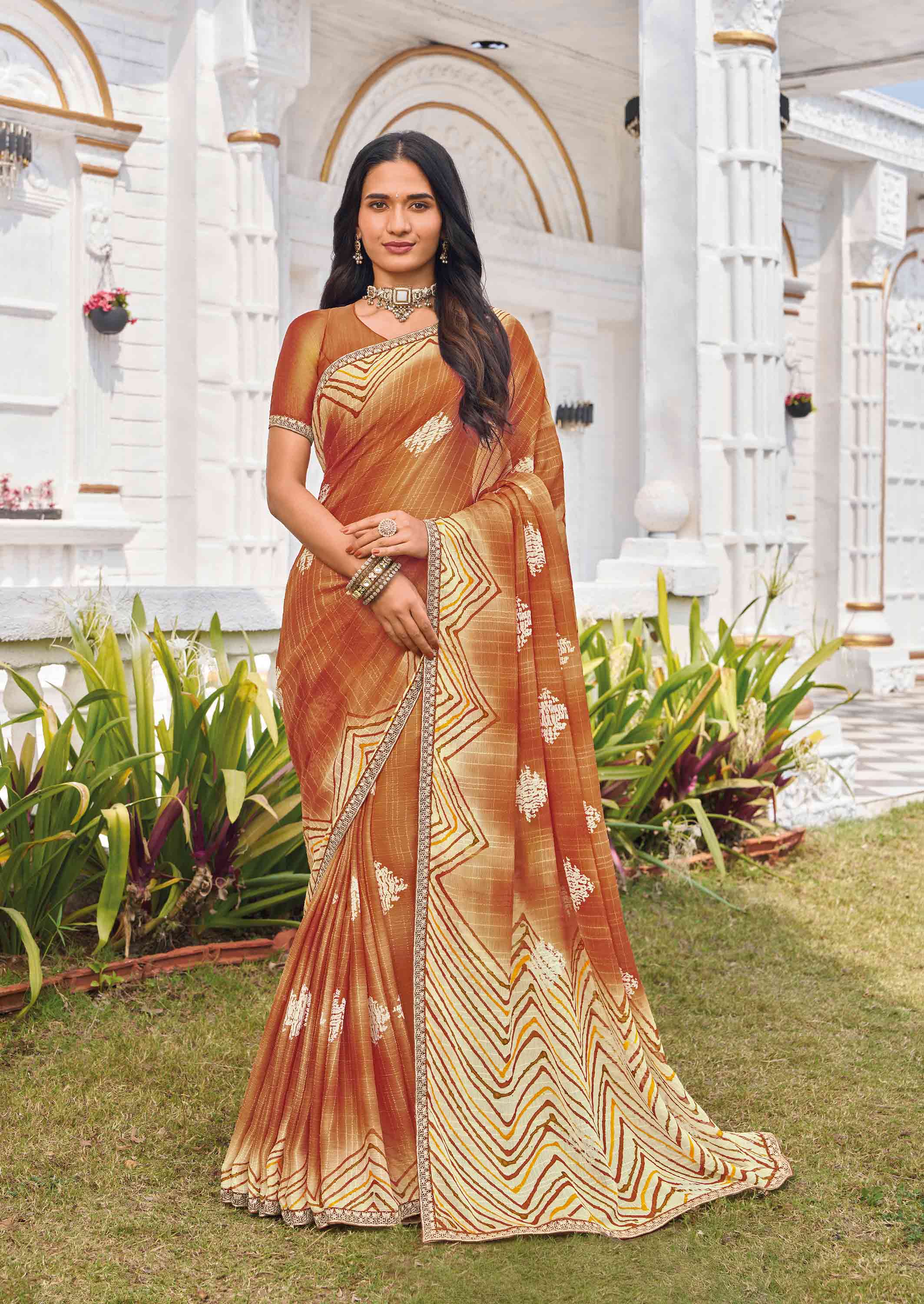 Brown chiffon geometric printed saree 