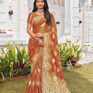 Brown chiffon geometric printed saree 