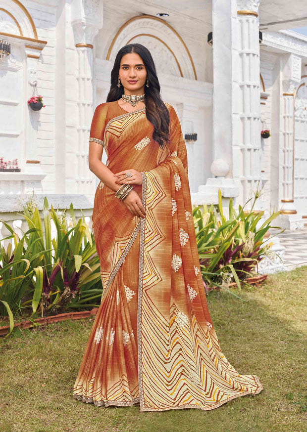 Brown chiffon geometric printed saree 