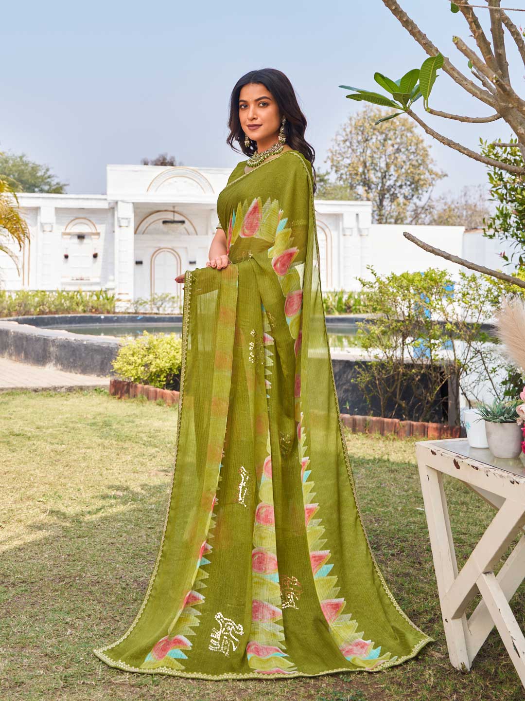 green chiffon saree for festive wear 