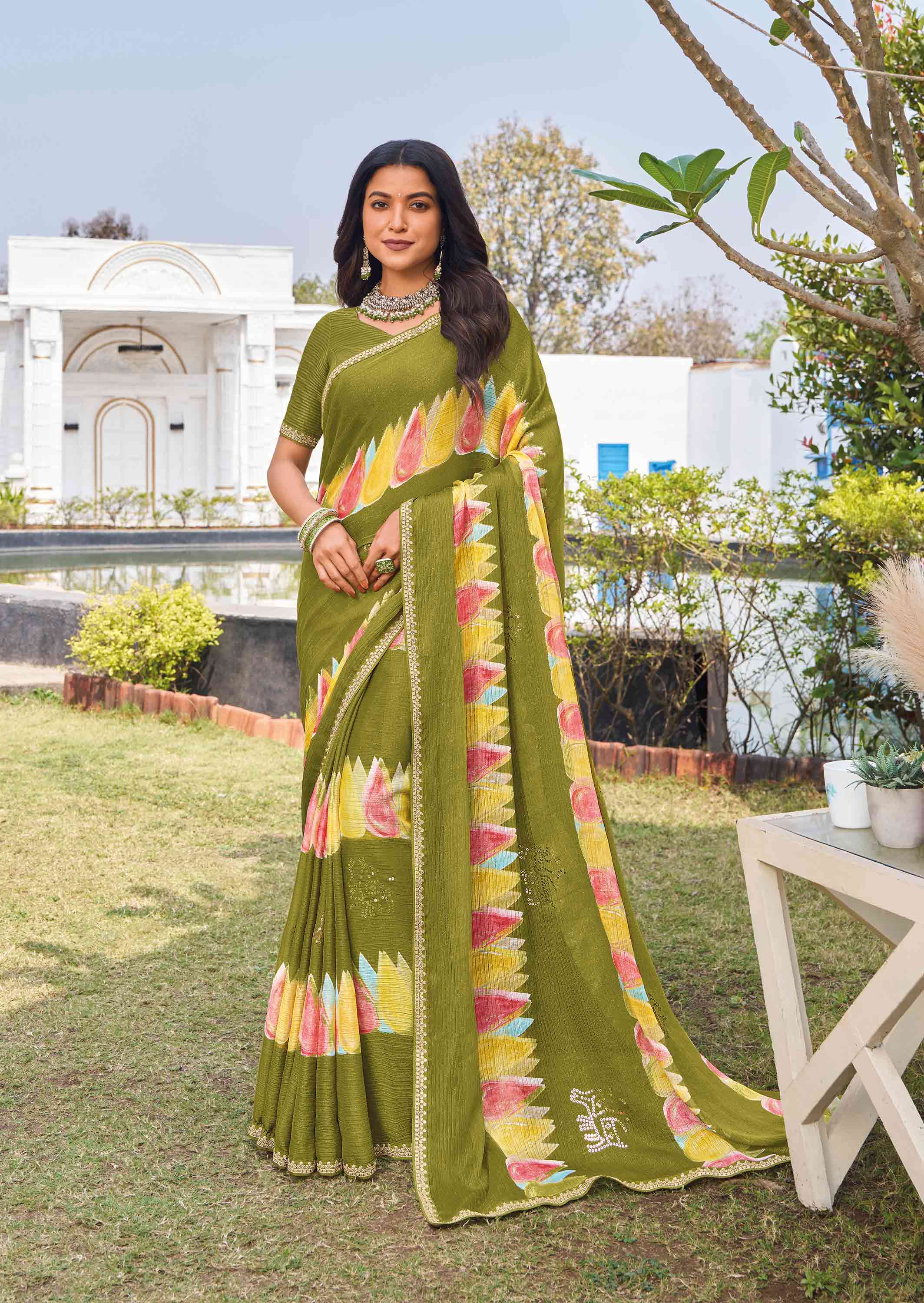 Green chiffon geometric printed saree