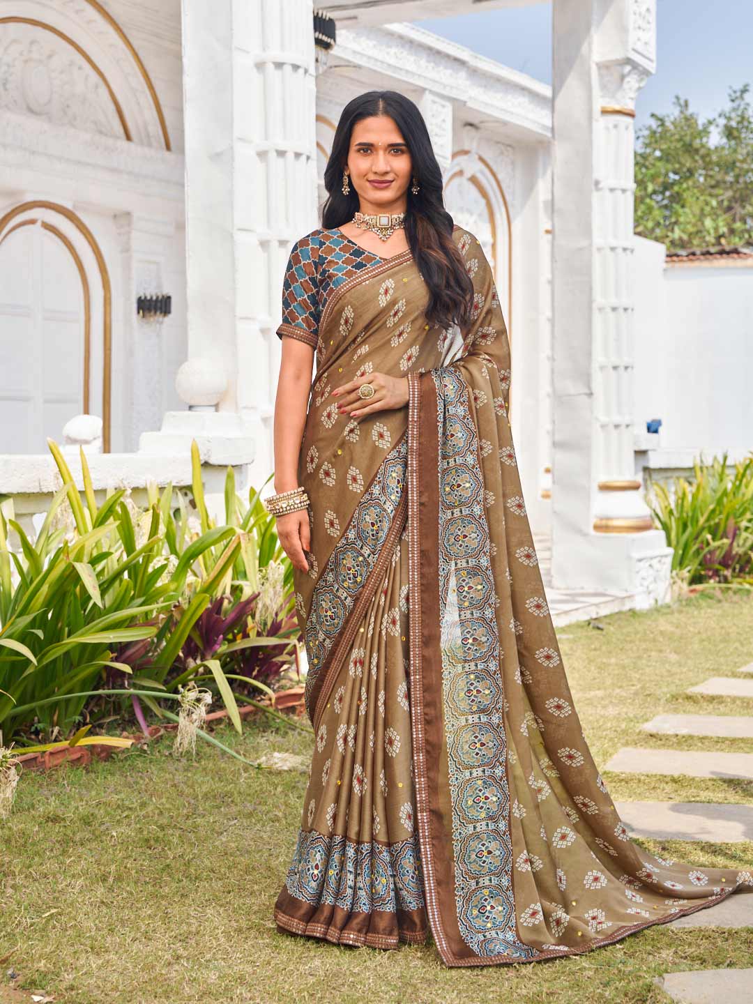 Brown silk blend geometric printed saree