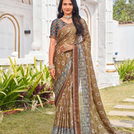 Brown silk blend geometric printed saree