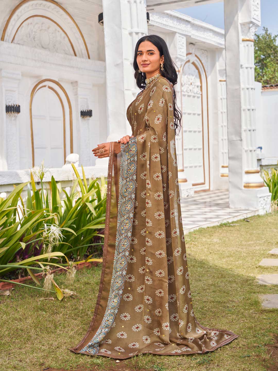 designer brown silk printed saree 