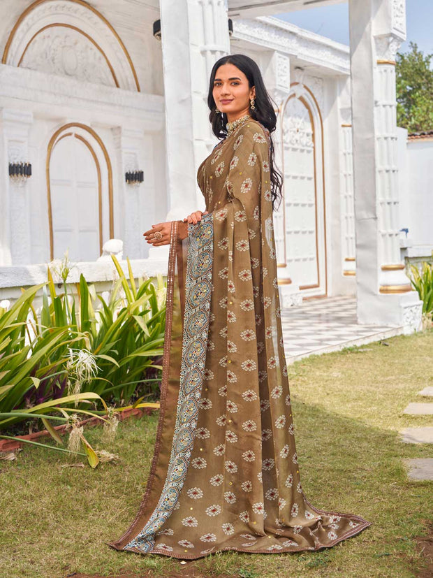 designer brown silk printed saree 