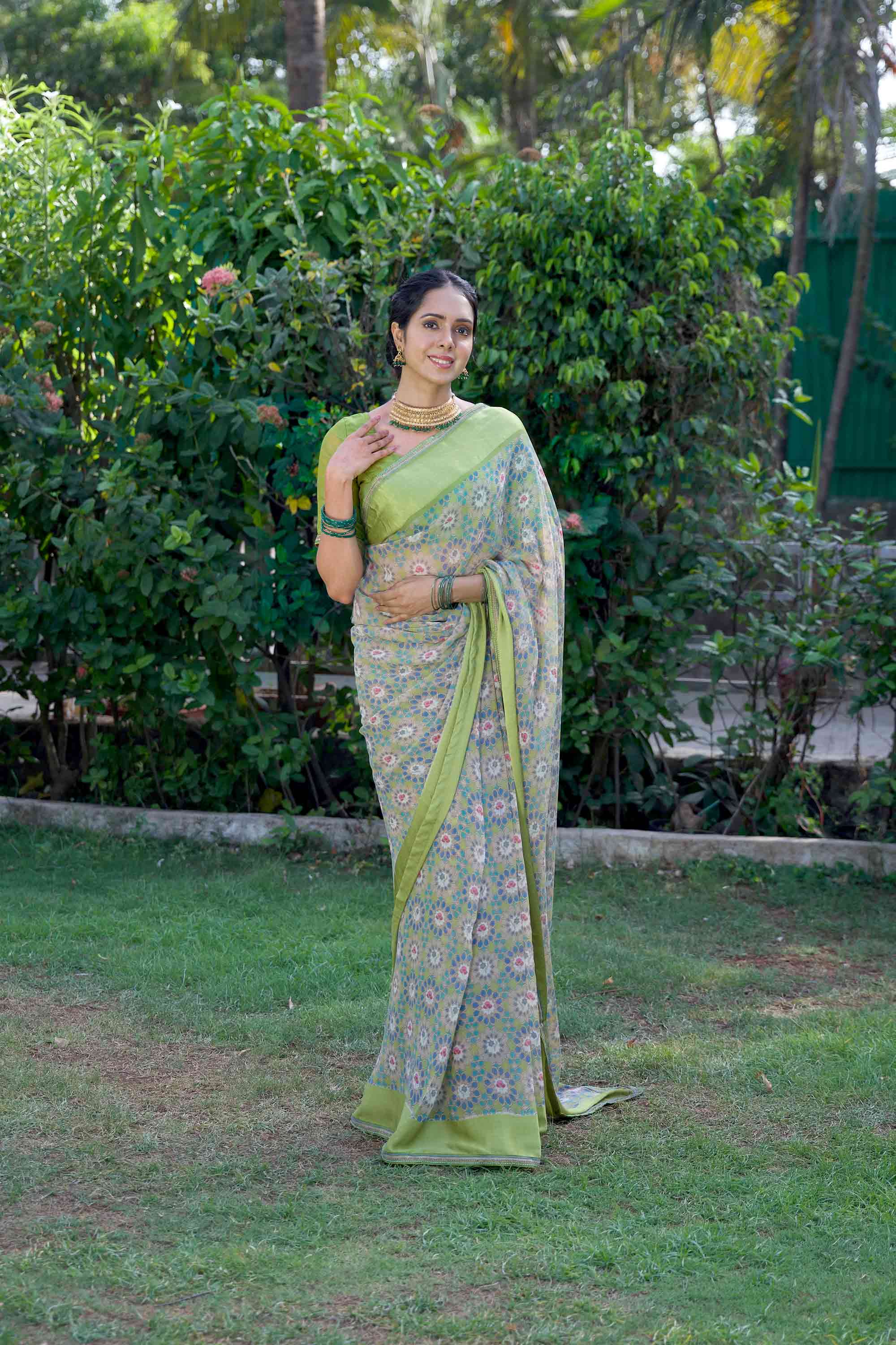 Green floral printed georgette saree daily wear 