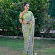 Green floral printed georgette saree daily wear 