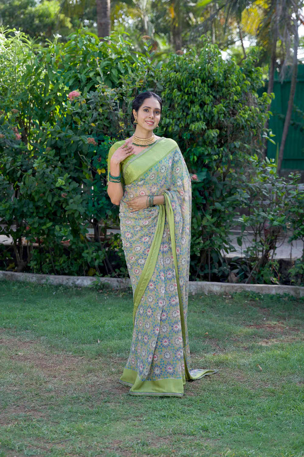 Green floral printed georgette saree daily wear 
