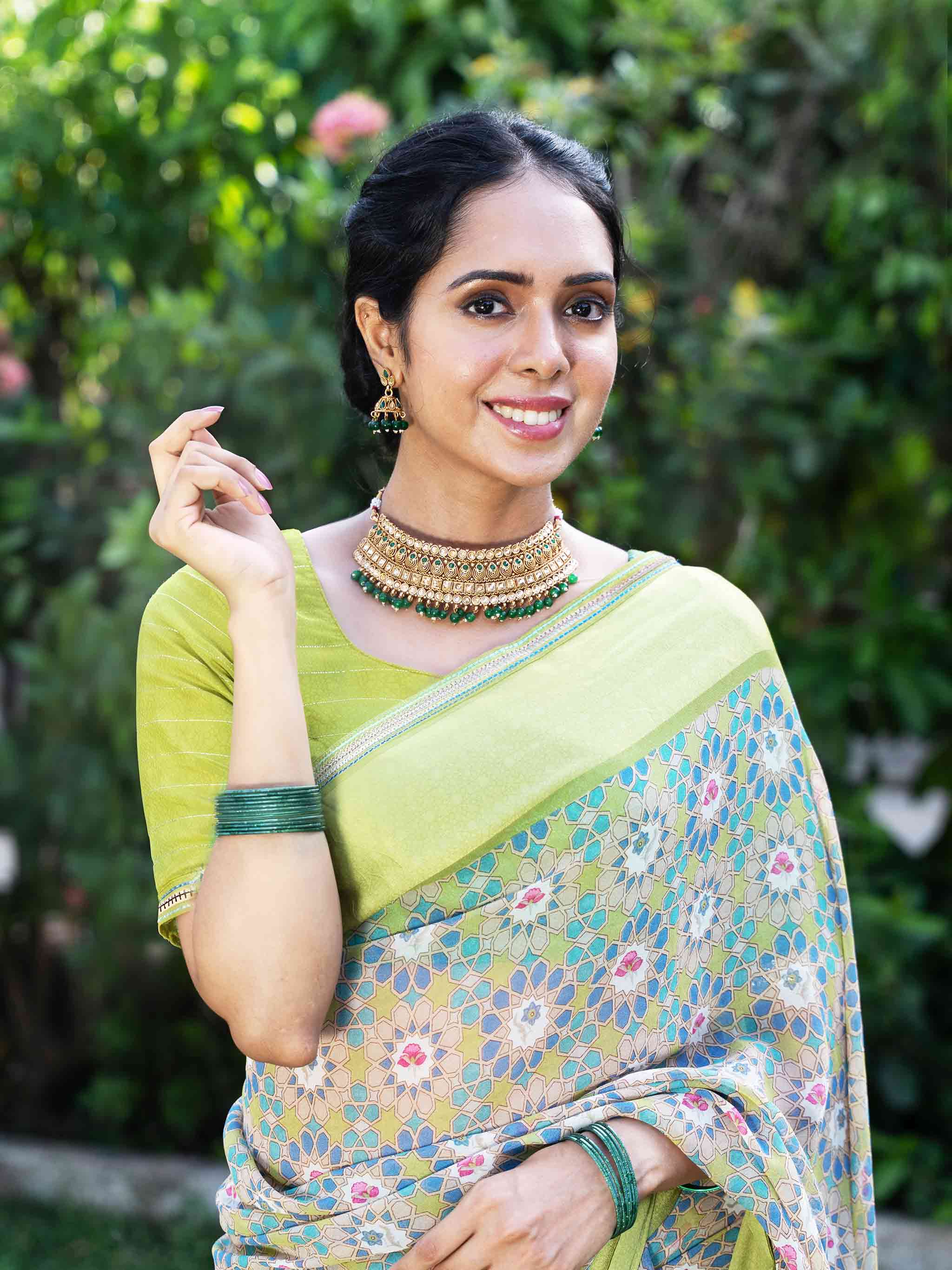  Green floral printed georgette saree casual wear