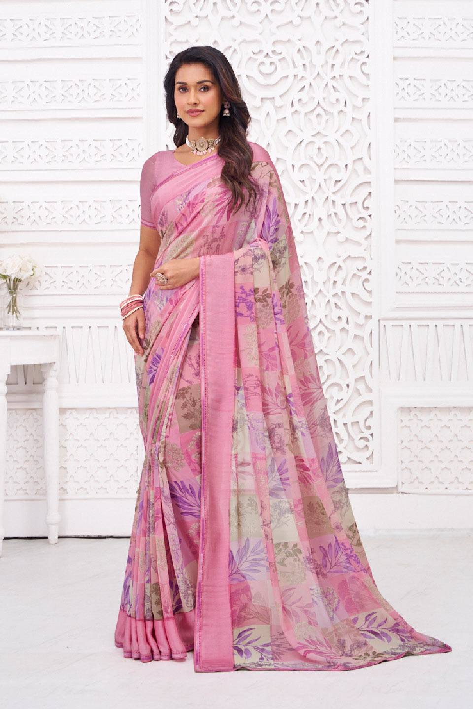 Laxmipati Kiran Pink Georgette Floral Printed Saree