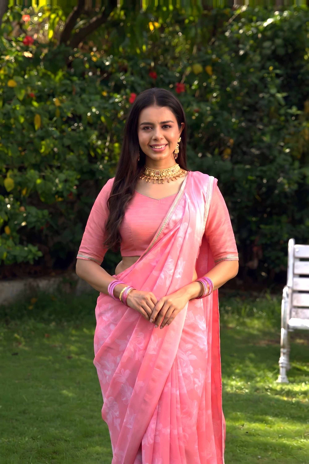 Pink floral printed georgette saree daily wear