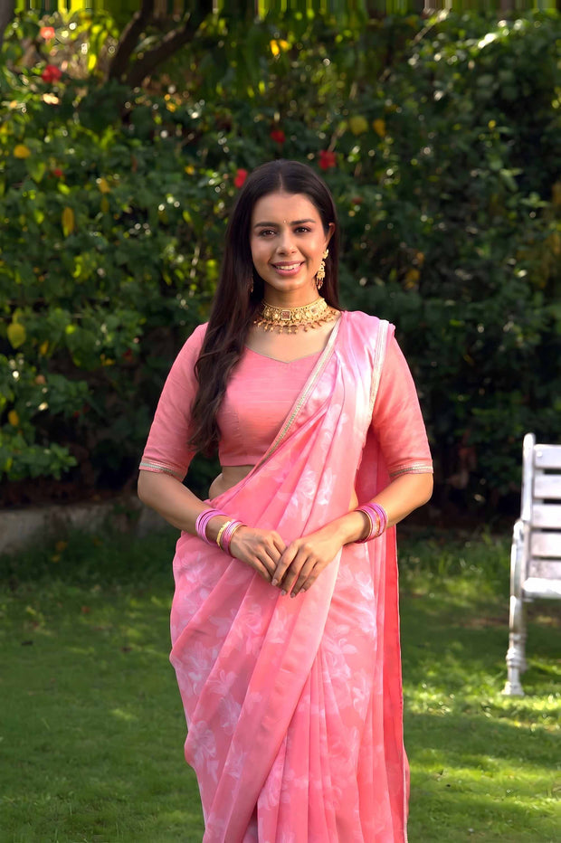 Pink floral printed georgette saree daily wear