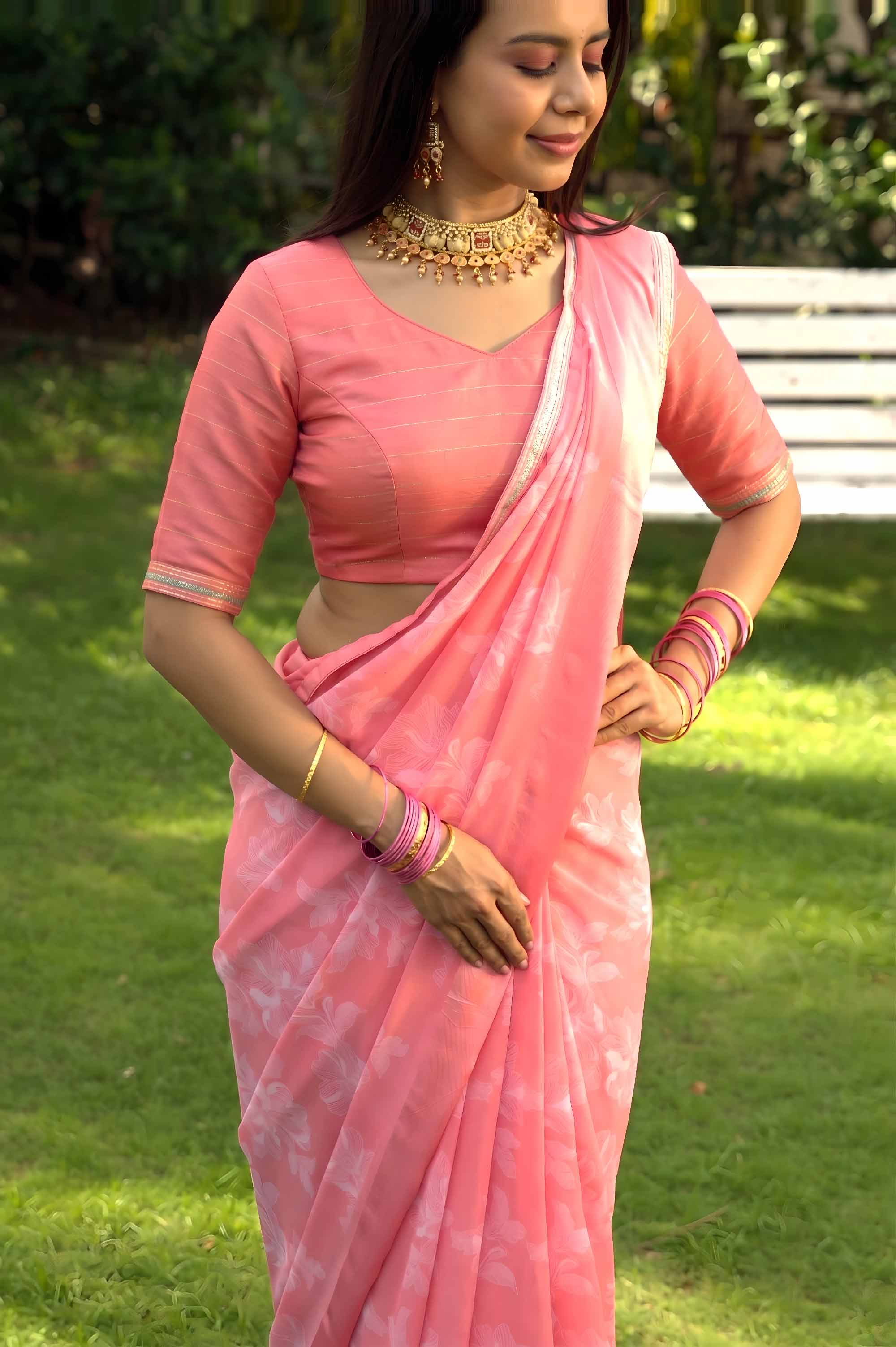 Pink floral self-design georgette saree party wear