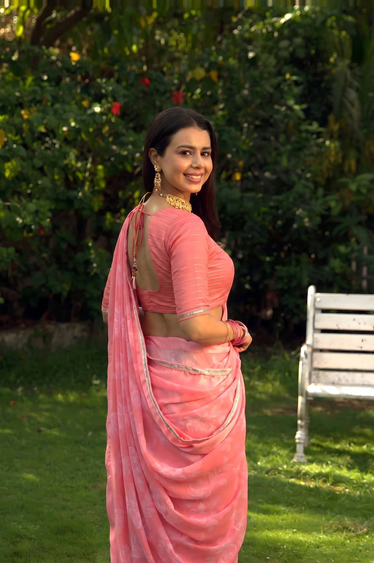 Pink floral printed georgette saree casual wear