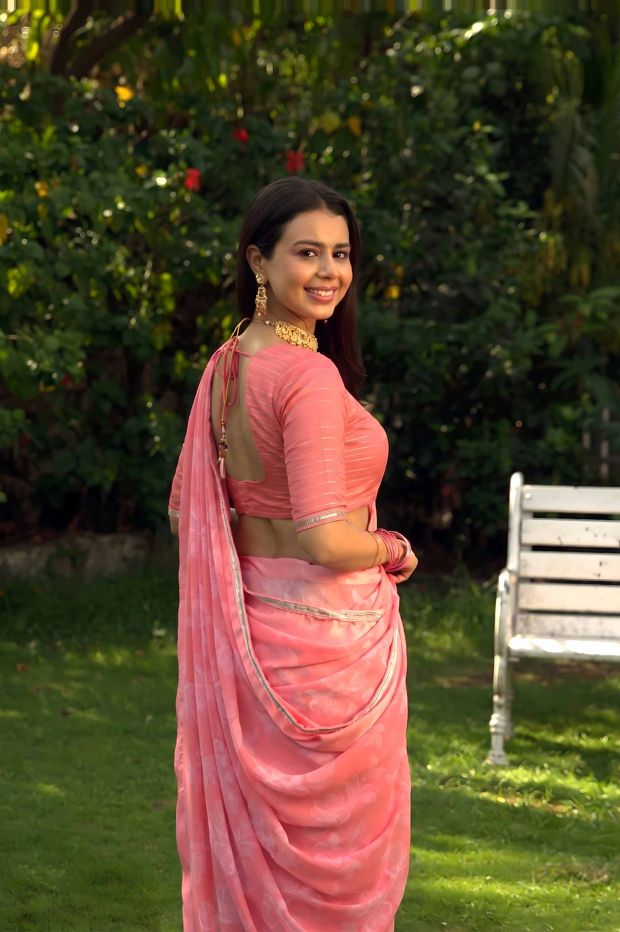 Pink floral printed georgette saree casual wear