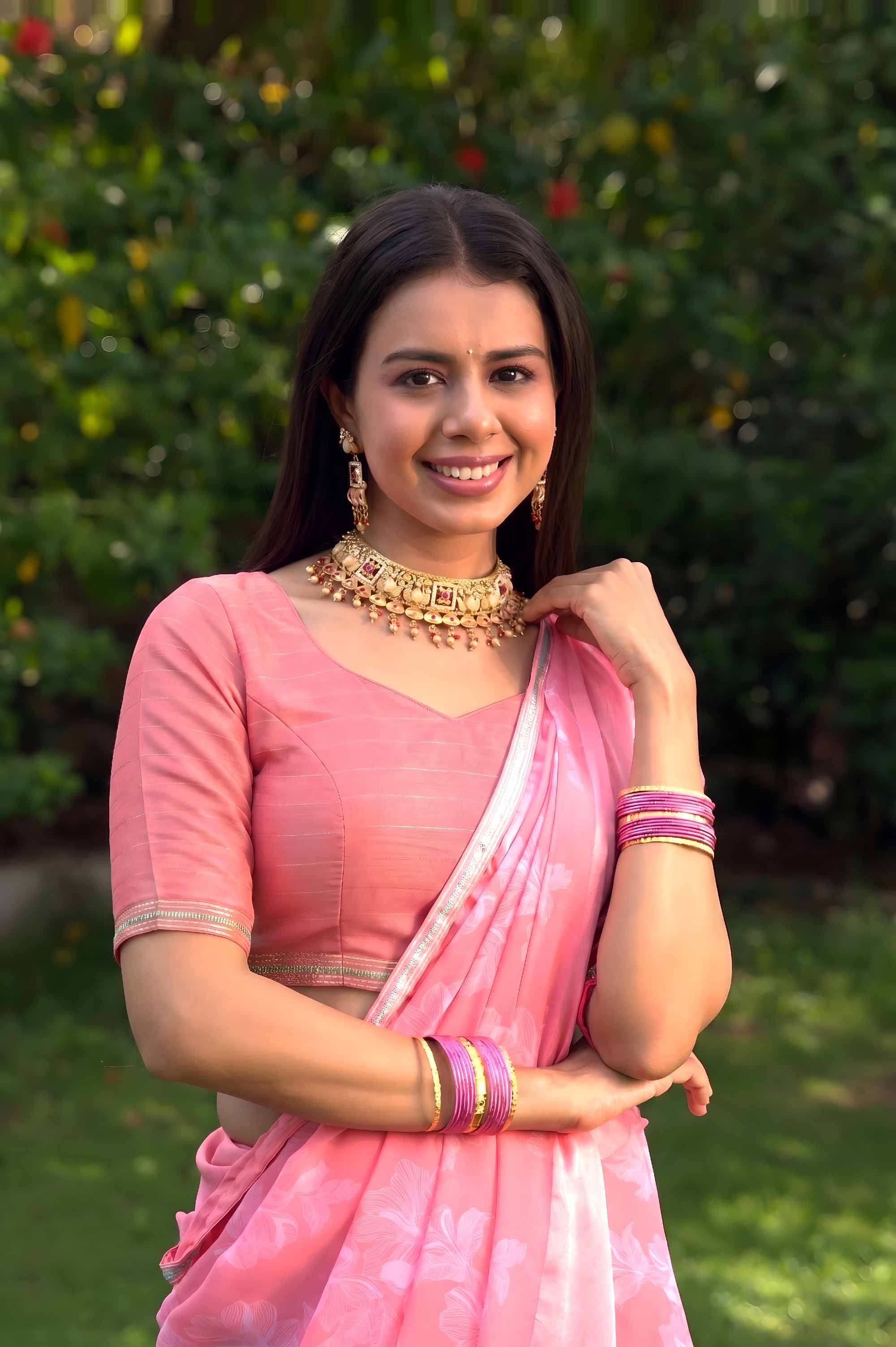  Pink floral printed georgette saree festive wear