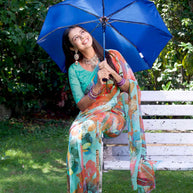 Teal Green multicolor floral printed georgette saree party wear