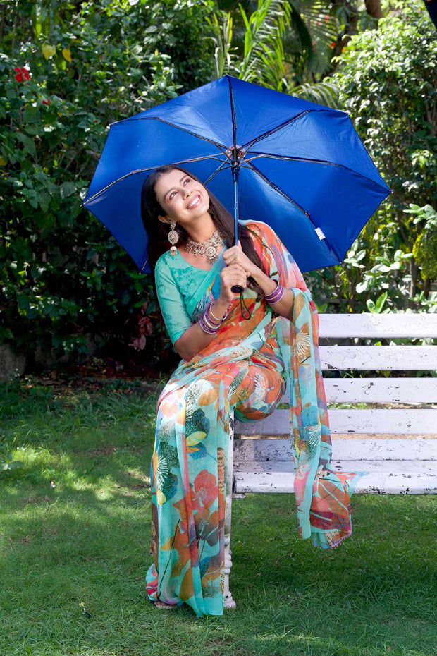 Teal Green multicolor floral printed georgette saree party wear