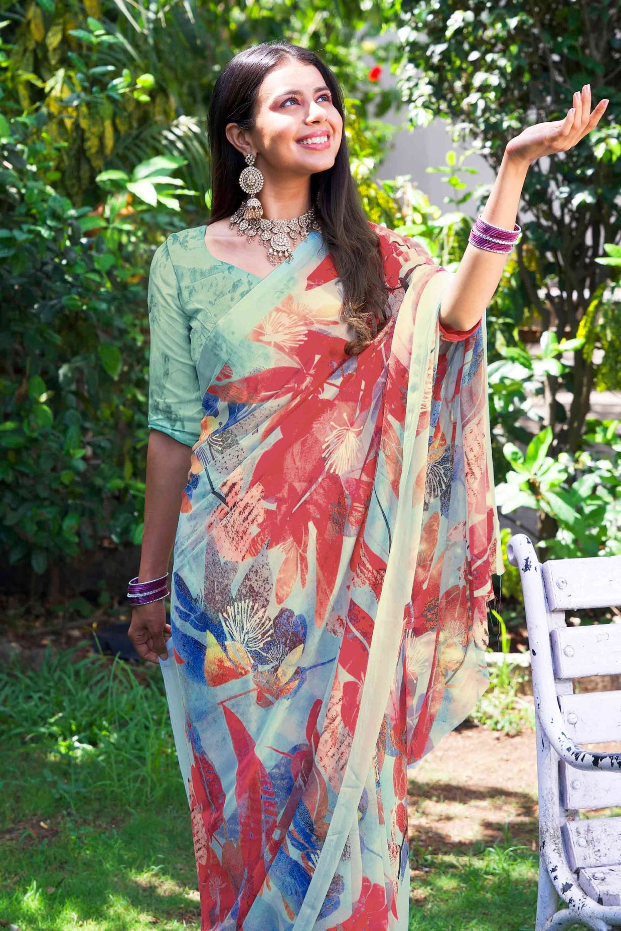 Teal Green floral printed georgette saree daily wear