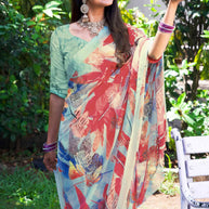 Teal Green floral printed georgette saree daily wear
