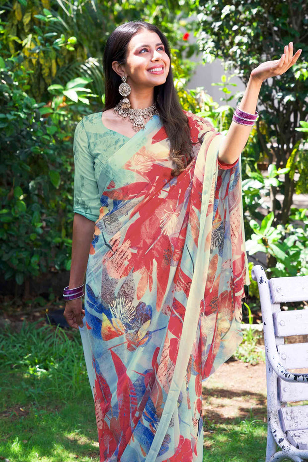 Teal Green floral printed georgette saree daily wear