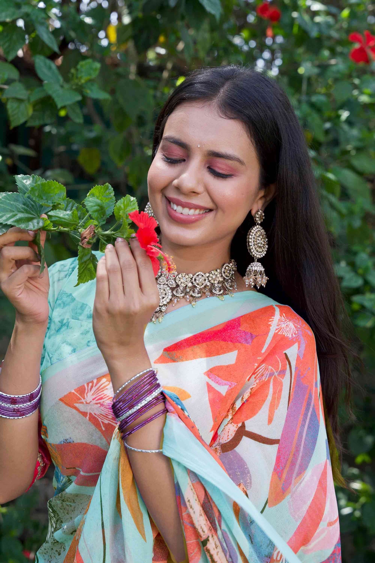 Teal Green abstract floral printed georgette saree party wear