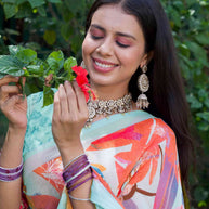 Teal Green abstract floral printed georgette saree party wear
