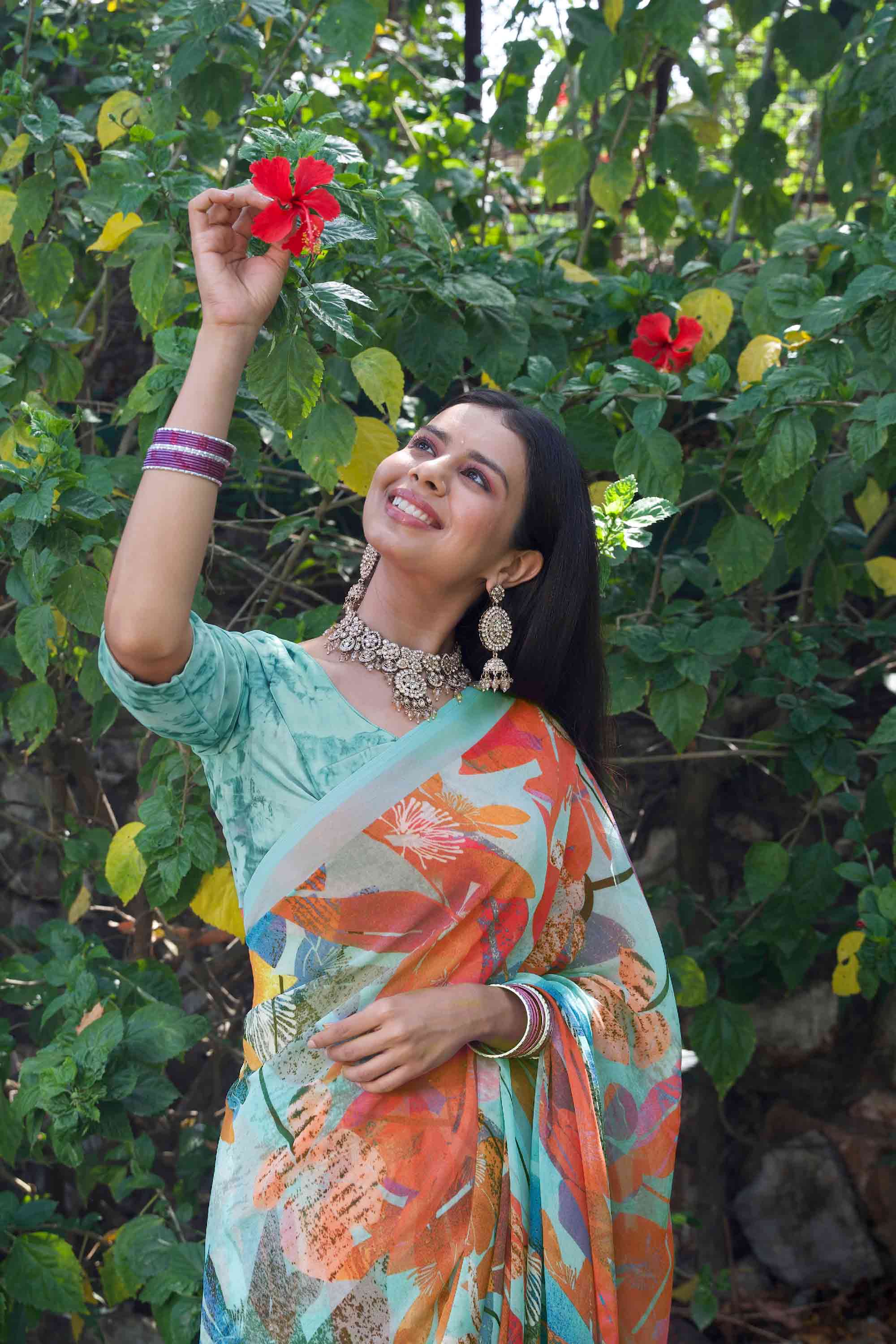 Teal Green abstract floral printed georgette saree festive wear 