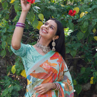 Teal Green abstract floral printed georgette saree festive wear 