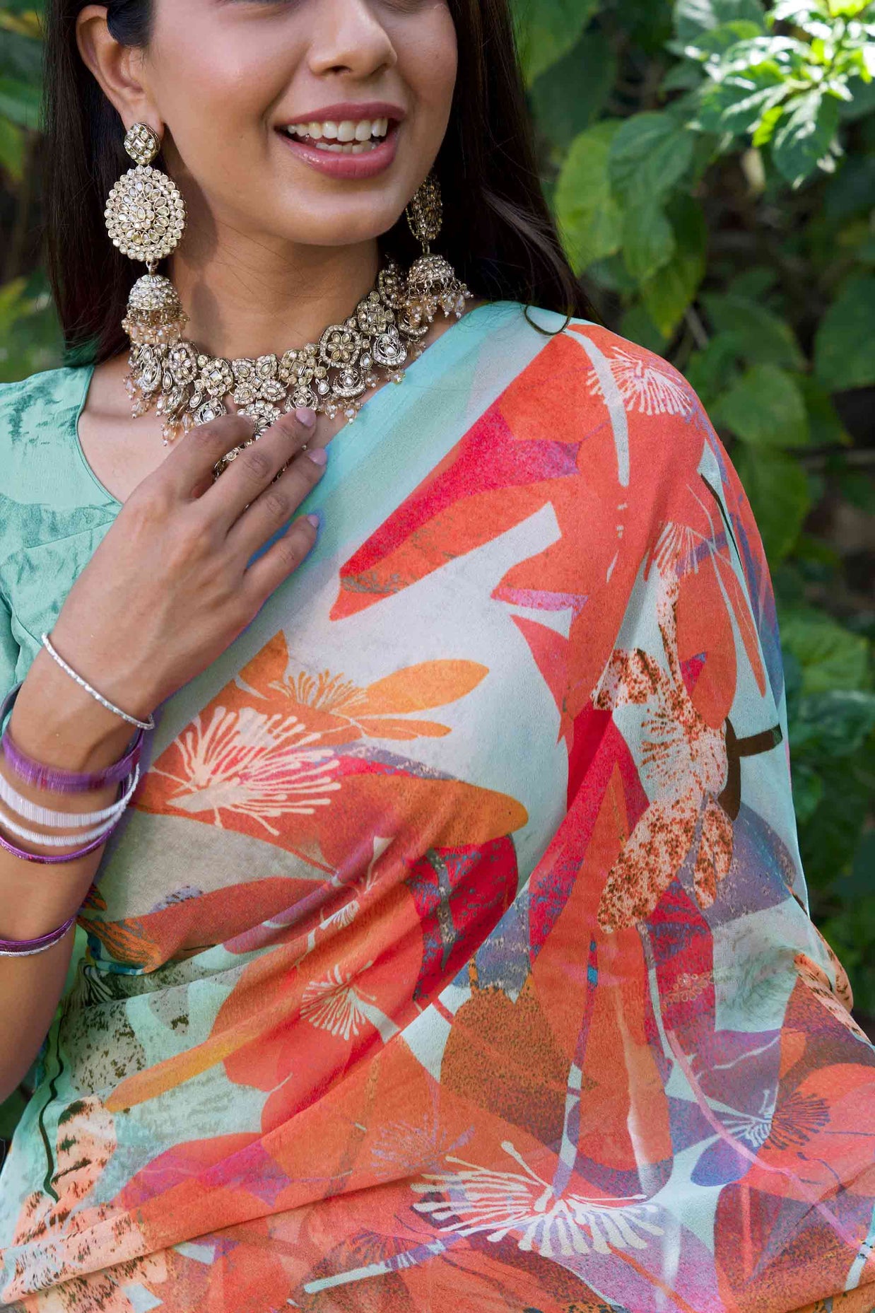 Teal Green multicolor floral printed georgette saree wedding wear