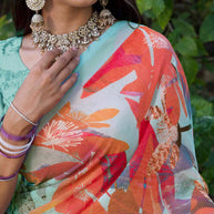 Teal Green multicolor floral printed georgette saree wedding wear