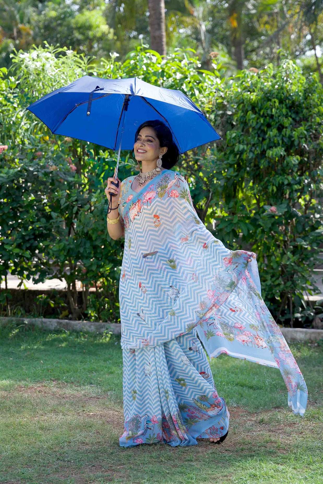 Blue printed georgette saree party wear 